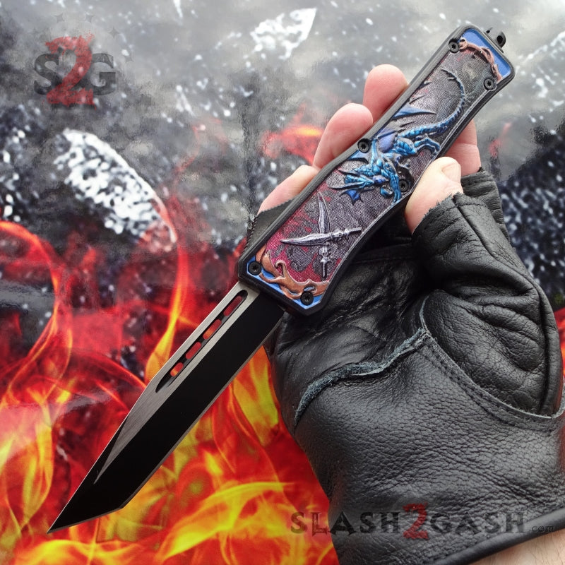 Delta Force OTF Automatic Knife Blue Dragon's Fury - 4 Blade Options Tanto Plain Knife-OTF - Tophatter Daily Deals