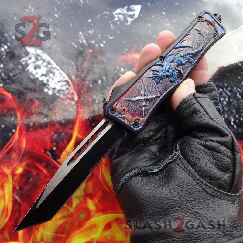 Delta Force OTF Automatic Knife Blue Dragon's Fury - 4 Blade Options Tanto Serrated Knife-OTF - Tophatter Daily Deals