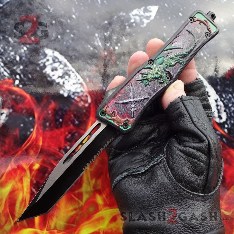 S2G Tactical OTF Automatic Knife Green Dragon's Fury - 4 Blade Options Tanto Serrated Knife-OTF - Tophatter Daily Deals