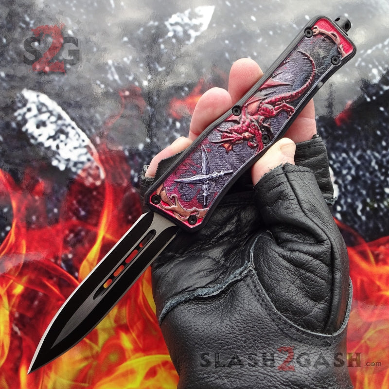 Delta Force OTF Automatic Knife Red Dragon's Fury - 4 Blade Options Double Edge Plain Knife-OTF - Tophatter Daily Deals