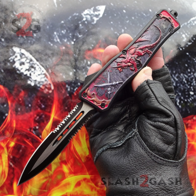 Delta Force OTF Automatic Knife Red Dragon's Fury - 4 Blade Options Double Edge Serrated Knife-OTF - Tophatter Daily Deals