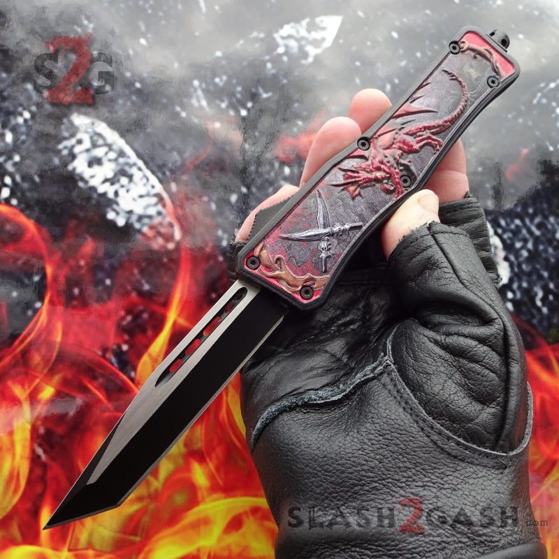 Delta Force OTF Automatic Knife Red Dragon's Fury - 4 Blade Options Tanto Plain Knife-OTF - Tophatter Daily Deals