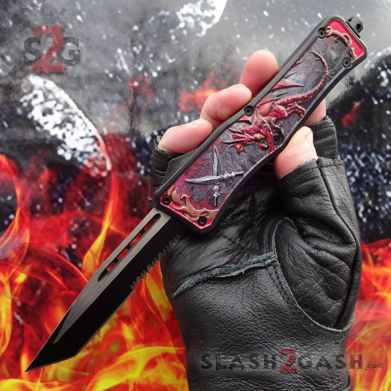 Delta Force OTF Automatic Knife Red Dragon's Fury - 4 Blade Options Tanto Serrated Knife-OTF - Tophatter Daily Deals