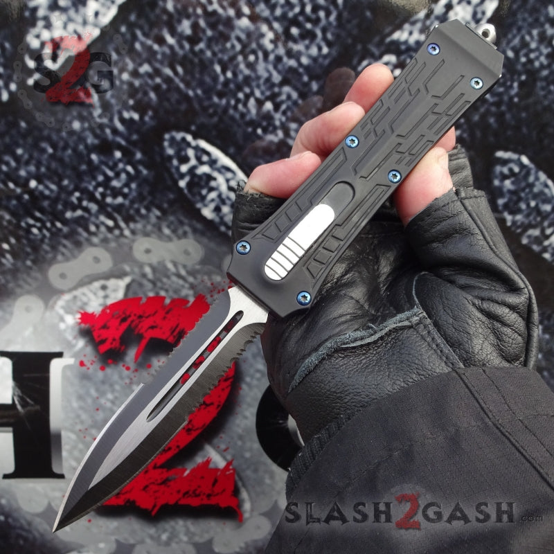 Delta Force OTF Crypt Keeper v2 D/A Automatic Knife - Dagger Plain Double Edge Serrated Knife-OTF - Tophatter Daily Deals