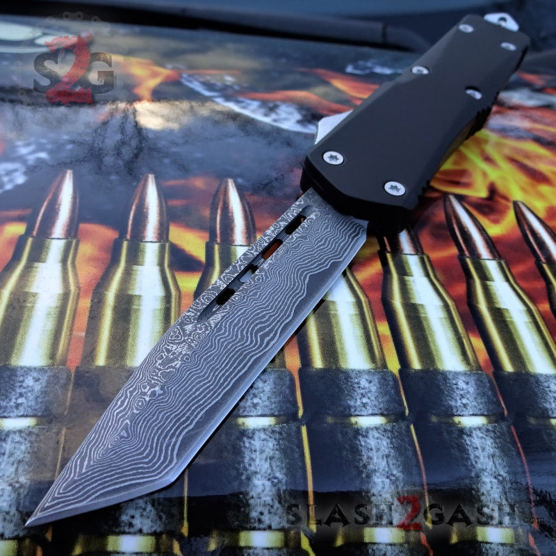 S2G Tactical OTF Recon D/A Black Automatic Knife - Damascus Tanto Plain Silver Hardware Knife-OTF - Tophatter Daily Deals