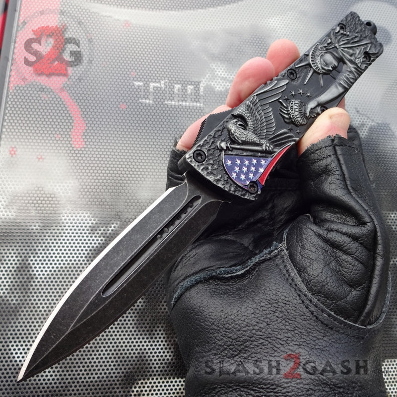 USA Liberty OTF Knife Flag and Eagle Red White & Blue - Tanto Xtreme Stonewashed - Dagger 440C Knife-OTF - Tophatter Daily Deals