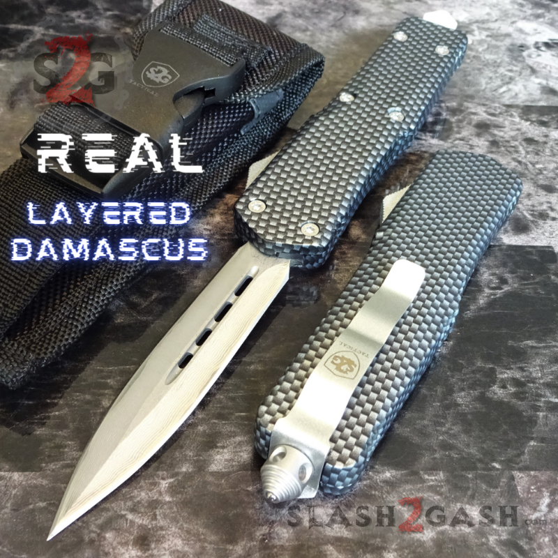 Carbon Fiber OTF Knife D/A Switchblade REAL Damascus - Dagger Plain Dagger Plain - Silver Hardware Knife-OTF - Tophatter Daily Deals