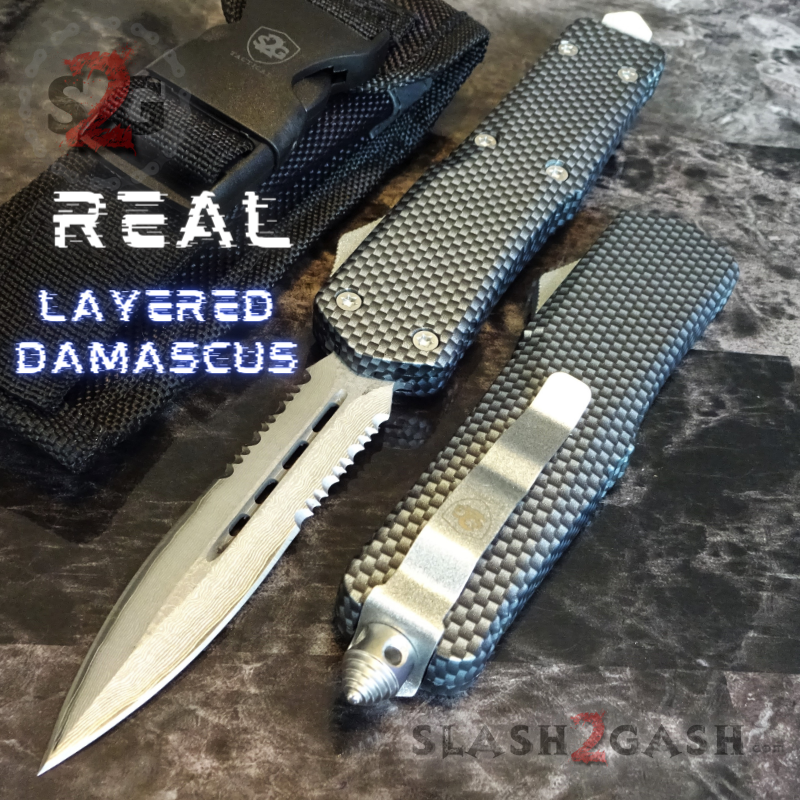 Carbon Fiber OTF Knife D/A Switchblade REAL Damascus - 6 Blades Dagger Ser - Silver Hardware Knife-OTF - Tophatter Daily Deals