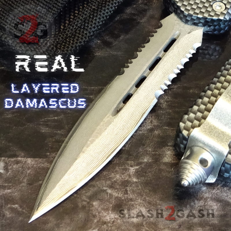 Carbon Fiber OTF Knife D/A Switchblade REAL Damascus - Dagger Ser Knife-OTF - Tophatter Daily Deals