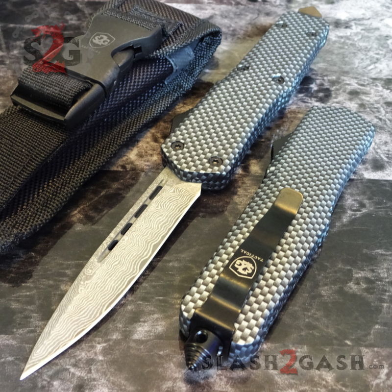Carbon Fiber OTF Knife D/A Switchblade REAL Layered Damascus - Drop Plain Knife-OTF - Tophatter Daily Deals