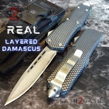 Carbon Fiber OTF Knife D/A Switchblade REAL Damascus - 6 Blades Drop Plain - Silver Hardware Knife-OTF - Tophatter Daily Deals
