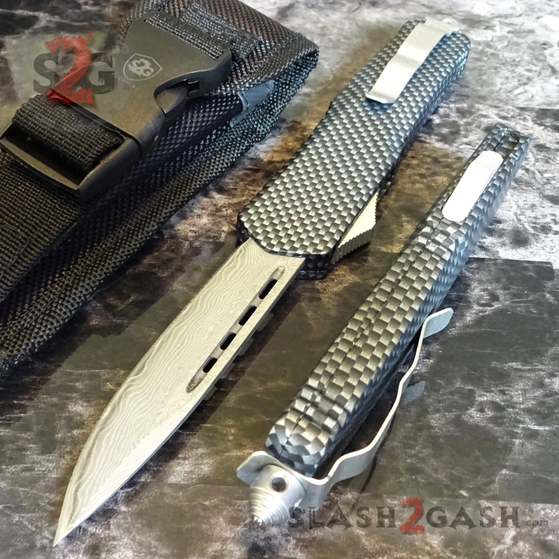 Carbon Fiber OTF Knife D/A Switchblade REAL Damascus - 6 Blades Knife-OTF - Tophatter Daily Deals
