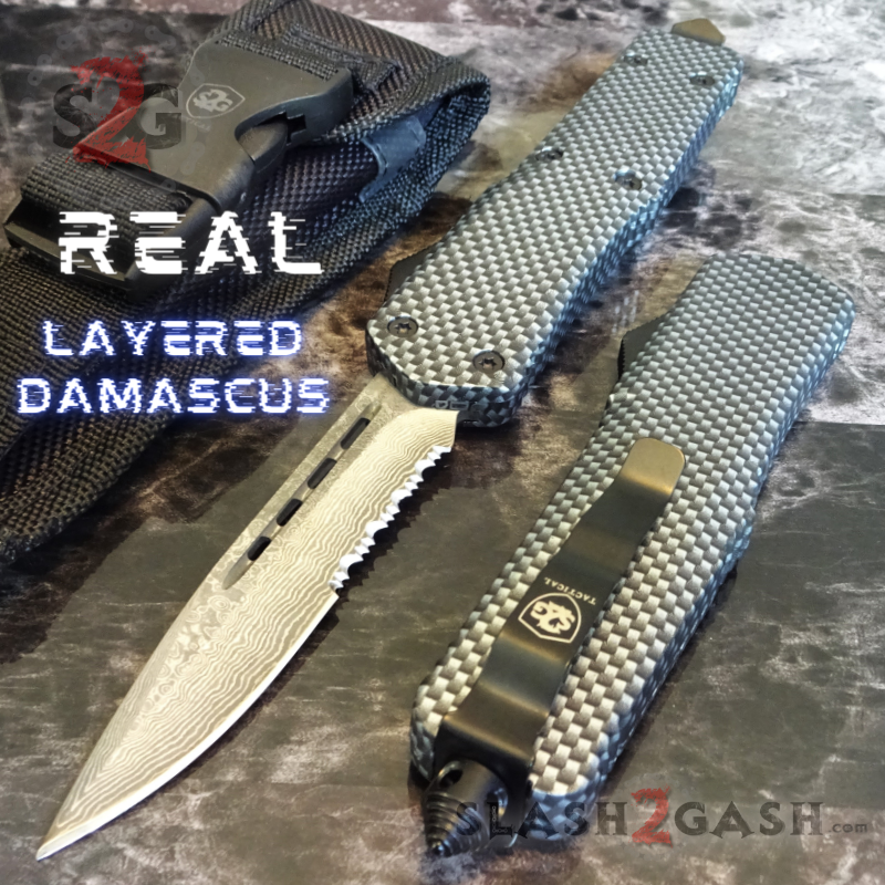Carbon Fiber OTF Knife D/A Switchblade REAL Damascus - 6 Blades Drop Ser - Black Hardware Knife-OTF - Tophatter Daily Deals