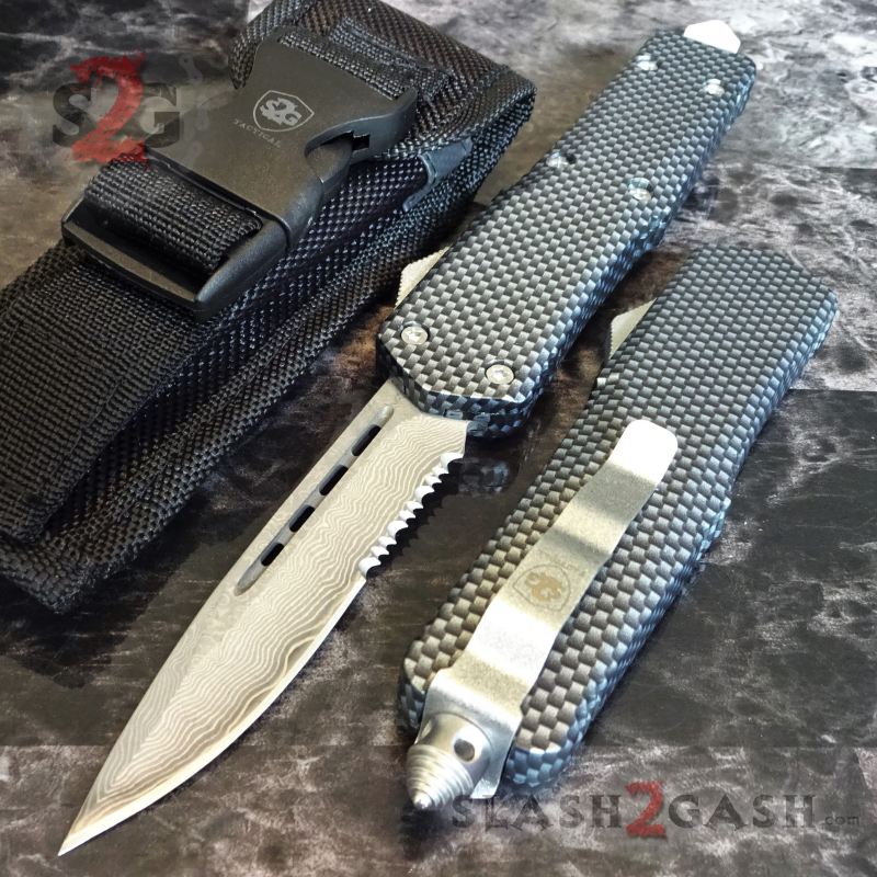 Carbon Fiber OTF Knife D/A Switchblade REAL Damascus - 6 Blades Knife-OTF - Tophatter Daily Deals