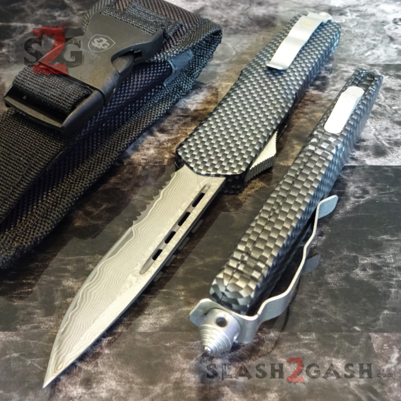 Carbon Fiber OTF Knife D/A Switchblade REAL Layered Damascus - Drop Serrated Knife-OTF - Tophatter Daily Deals