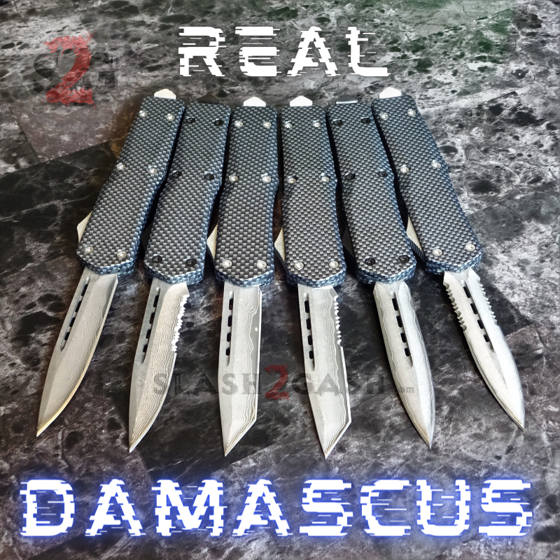Carbon Fiber OTF Knife D/A Switchblade REAL Damascus - 6 Blades Knife-OTF - Tophatter Daily Deals