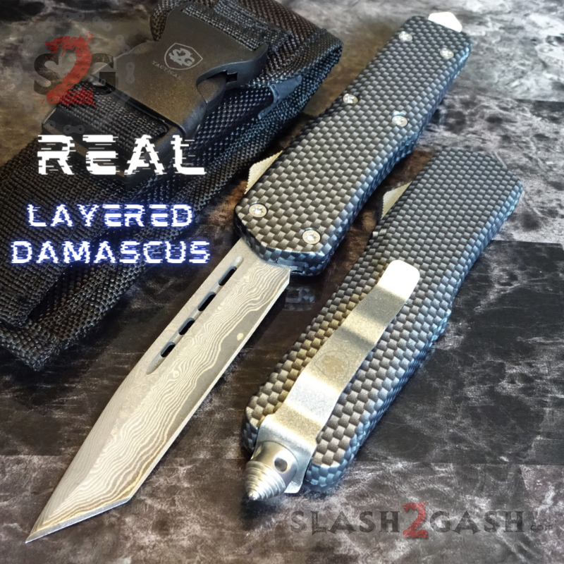 Carbon Fiber OTF Knife D/A Switchblade REAL Layered Damascus - Tanto Plain Tanto Plain - Silver Hardware Knife-OTF - Tophatter Daily Deals