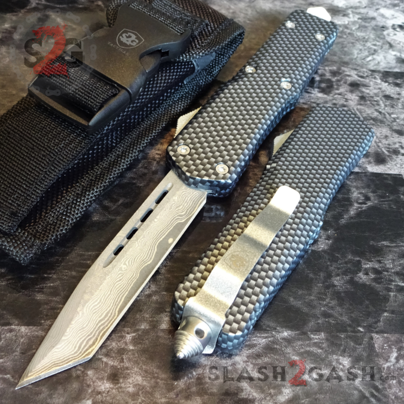 Carbon Fiber OTF Knife D/A Switchblade REAL Damascus - 6 Blades Knife-OTF - Tophatter Daily Deals