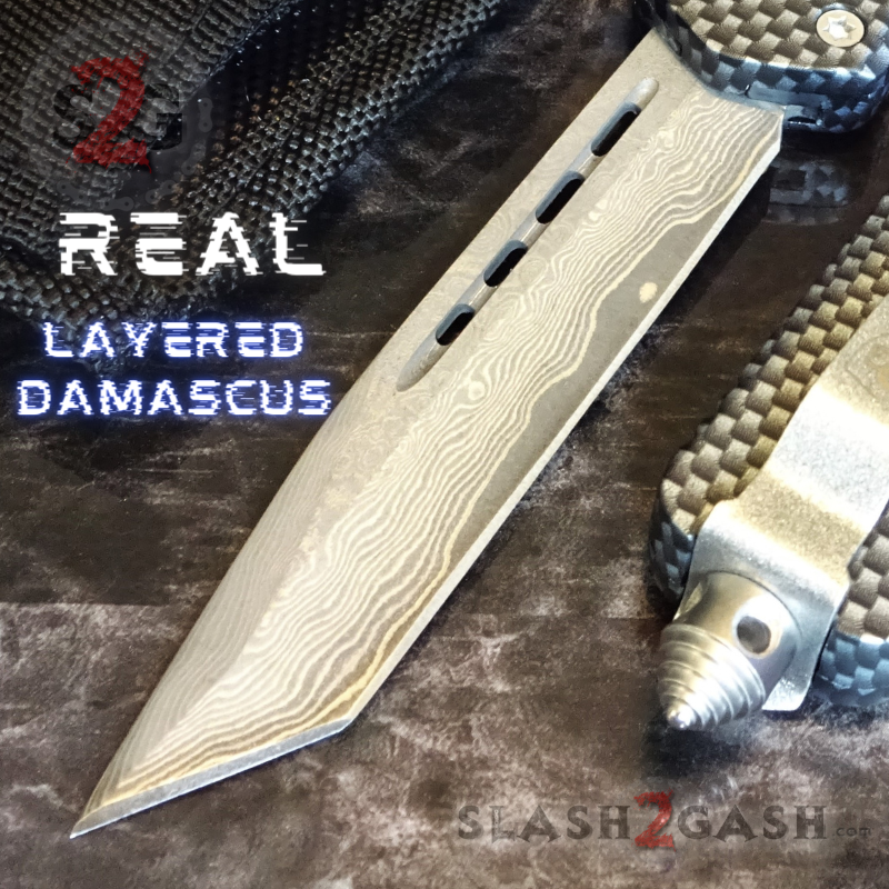 Carbon Fiber OTF Knife D/A Switchblade REAL Layered Damascus - Tanto Plain Knife-OTF - Tophatter Daily Deals