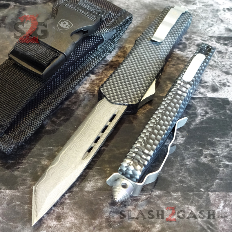 Carbon Fiber OTF Knife D/A Switchblade REAL Damascus - 6 Blades Knife-OTF - Tophatter Daily Deals