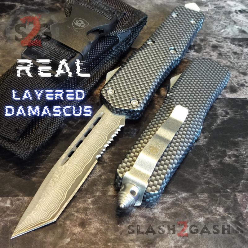 Carbon Fiber OTF Knife D/A Switchblade REAL Layered Damascus - Tanto Ser Tanto Ser - Silver Hardware Knife-OTF - Tophatter Daily Deals