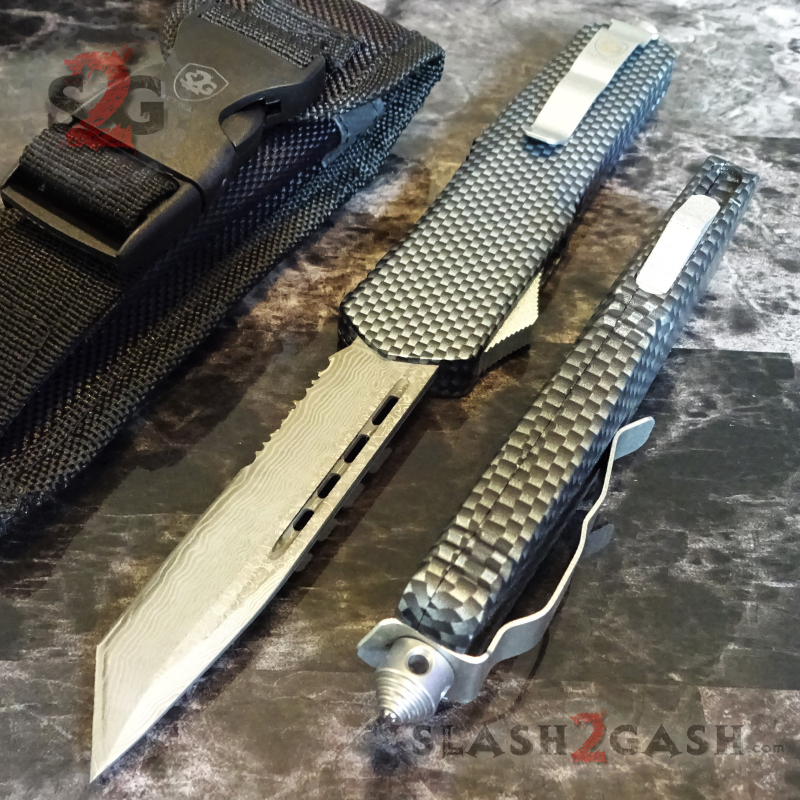 Carbon Fiber OTF Knife D/A Switchblade REAL Damascus - 6 Blades Knife-OTF - Tophatter Daily Deals