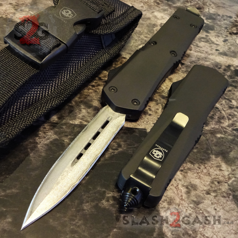 S2G Tactical OTF Recon D/A Black Automatic Knife - REAL Layered Damascus Double Edge Plain - Black Hardware Knife-OTF - Tophatter Daily Deals
