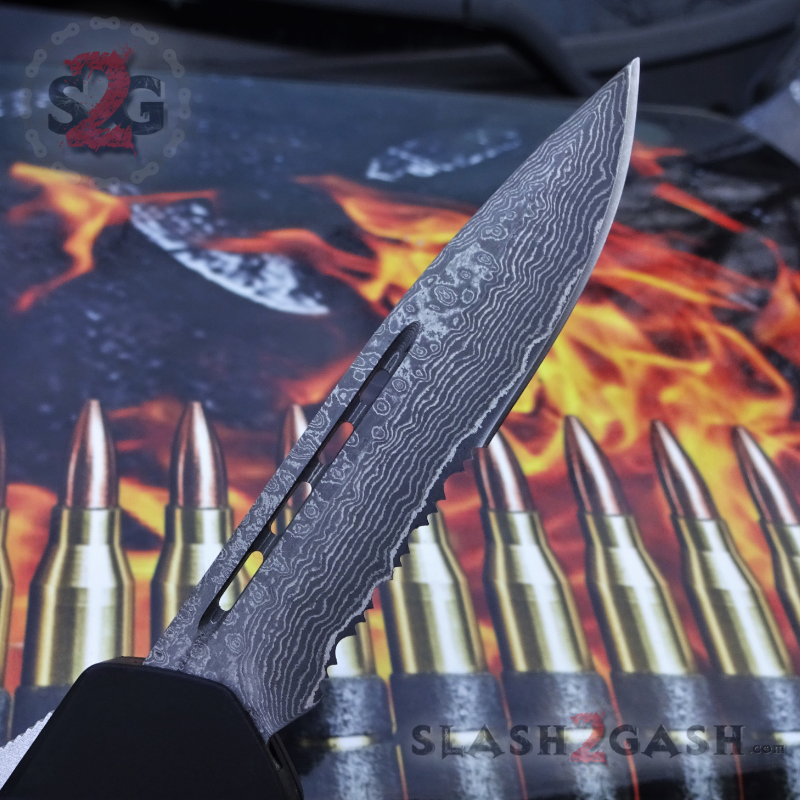 S2G Tactical OTF Recon D/A Black Automatic Knife - REAL Layered Damascus Single Edge Serrated - Silver Hardware Knife-OTF - Tophatter Daily Deals
