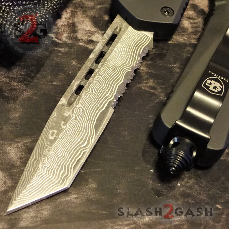 S2G Tactical OTF Recon D/A Black Automatic Knife - REAL Layered Damascus Tanto Serrated - Black Hardware Knife-OTF - Tophatter Daily Deals