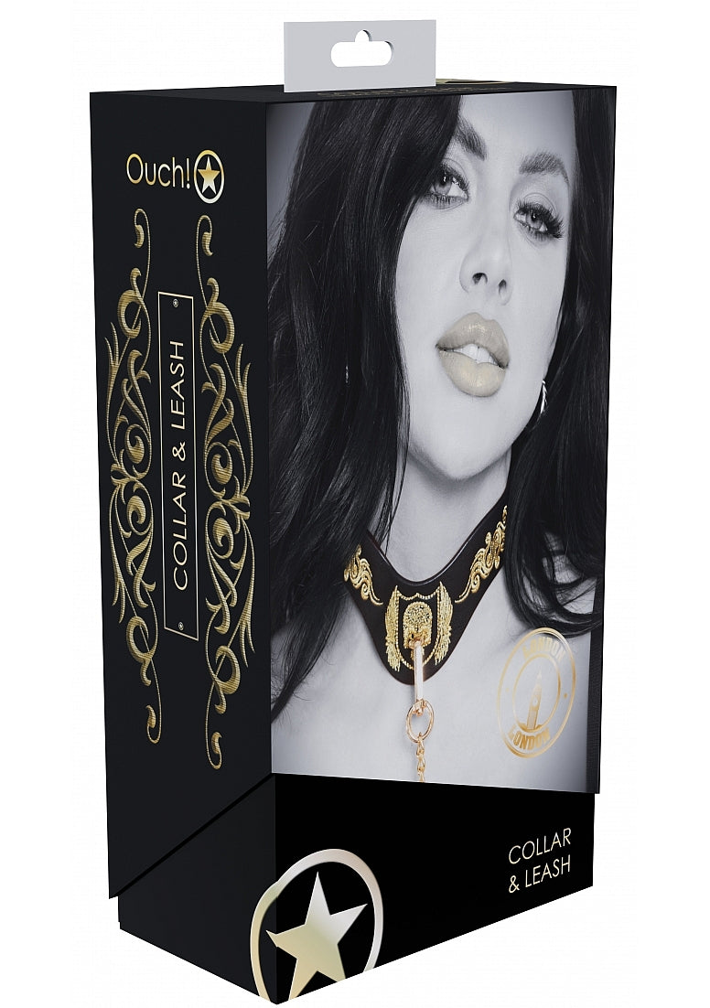 Ouch London Collection Collar with Leash Black PU Leather with Gold Embroidery and Iridescent Hardware > Bondage Gear > Collars & Leashes - Tophatter Daily Deals