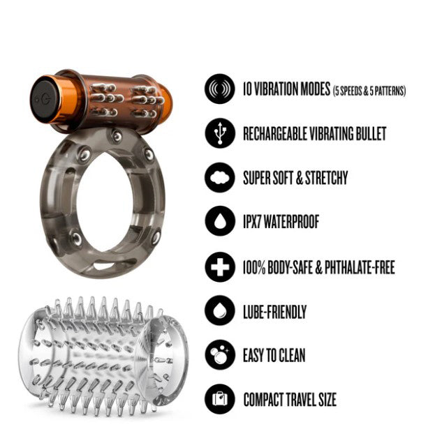 Stay Hard Vibrating Cock Ring Set With Textured Sleeve - Stamina Enhancer > Cock Ring > Vibrating - Tophatter Daily Deals