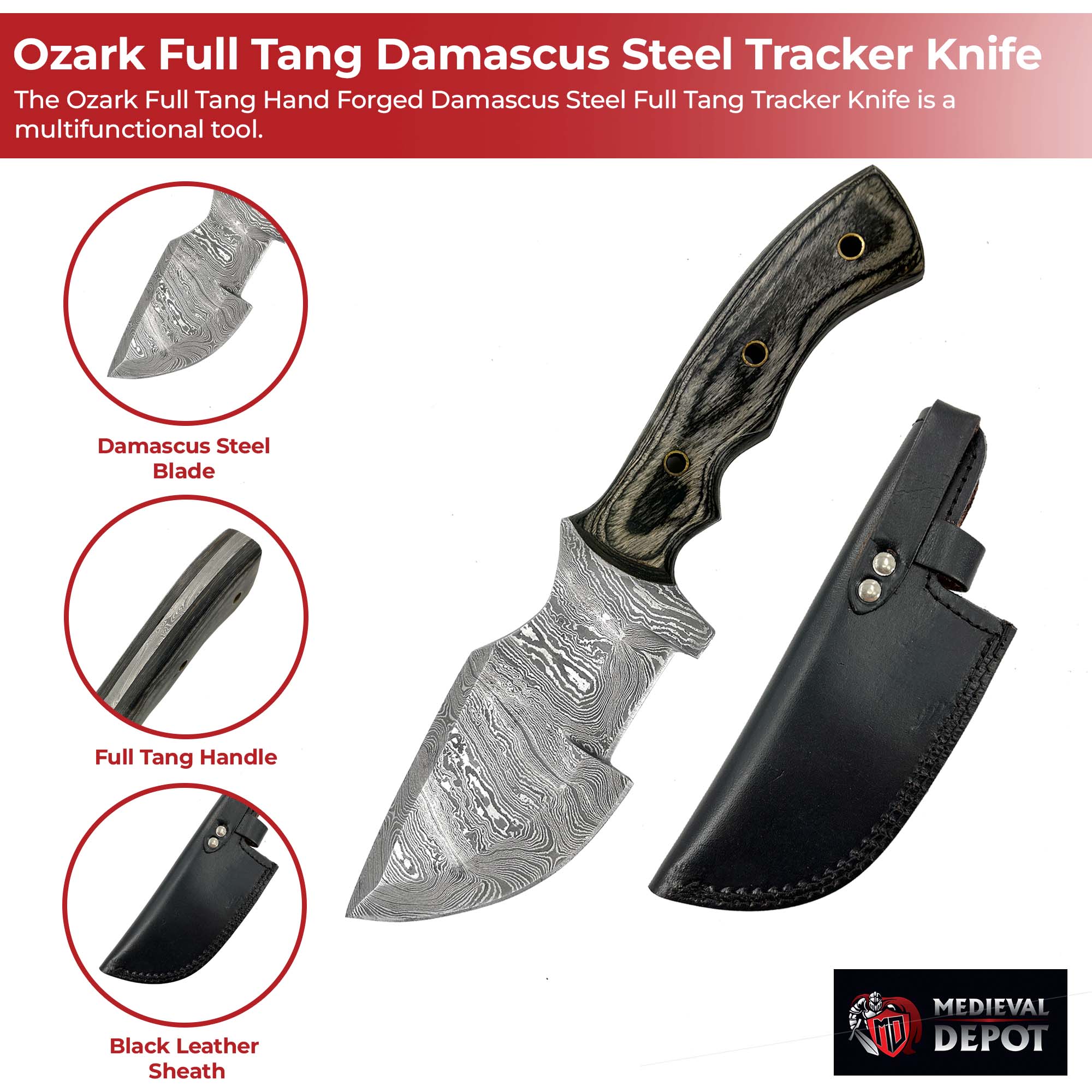 Ozark Full Tang Hand Forged Damascus Steel Tracker Knife knives - Tophatter Daily Deals
