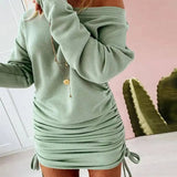 Off Shoulder Ruffled Drawstring Sexy Robe Autumn Pure Women Long Sleeve Mini Pencil Dress Sweatshirt Streetwear Dresses Female - Tophatter Daily Deals