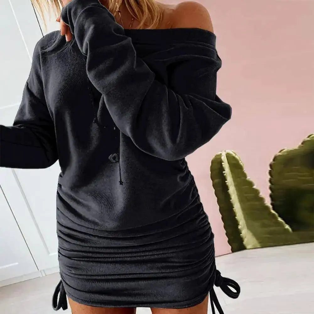 Off Shoulder Ruffled Drawstring Sexy Robe Autumn Pure Women Long Sleeve Mini Pencil Dress Sweatshirt Streetwear Dresses Female - Tophatter Daily Deals