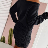 Off Shoulder Ruffled Drawstring Sexy Robe Autumn Pure Women Long Sleeve Mini Pencil Dress Sweatshirt Streetwear Dresses Female - Tophatter Daily Deals