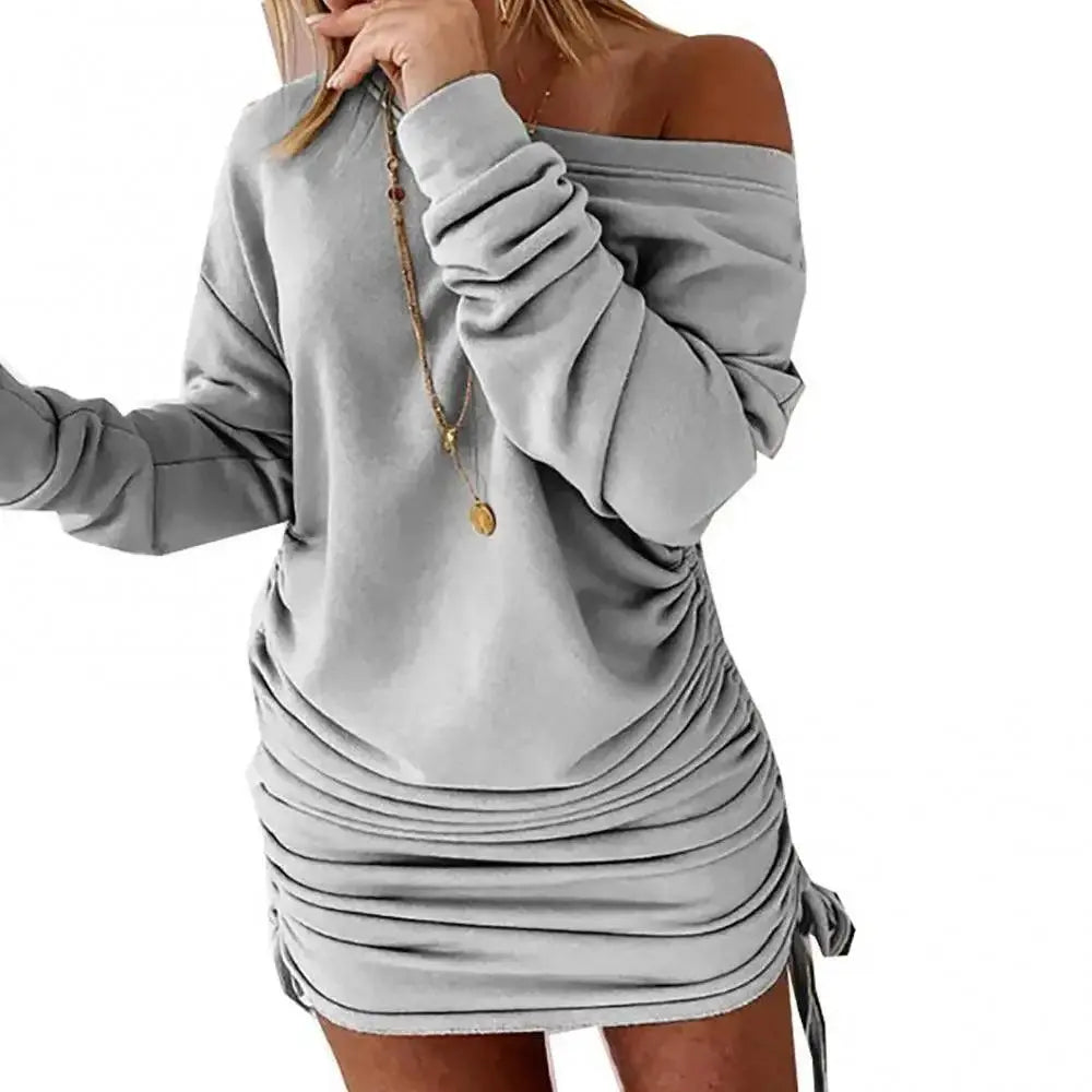 Off Shoulder Ruffled Drawstring Sexy Robe Autumn Pure Women Long Sleeve Mini Pencil Dress Sweatshirt Streetwear Dresses Female Grey - Tophatter Daily Deals