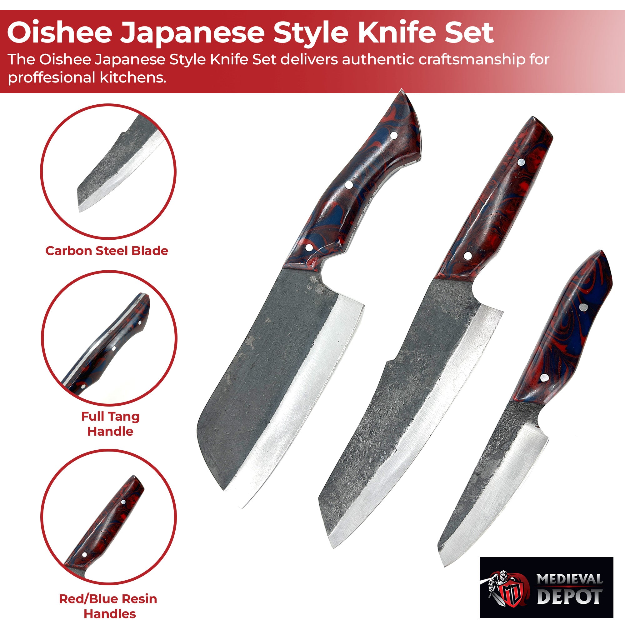 Oishee Japanese Style Carbon Steel Chef's Knives Set Of Three Kitchen Knife - Tophatter Daily Deals