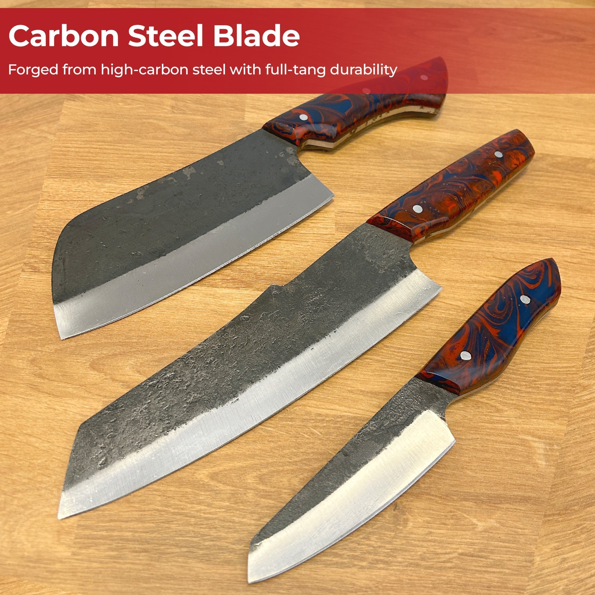 Oishee Japanese Style Carbon Steel Chef's Knives Set Of Three Kitchen Knife - Tophatter Daily Deals