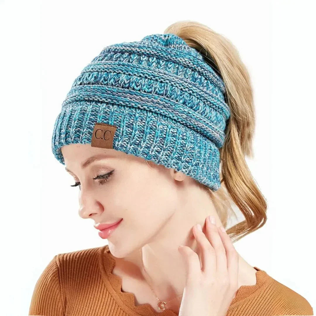 Warm Cozy Women's Ponytail Beanie - Ribbed Knit, Winter Ice - Tophatter Daily Deals