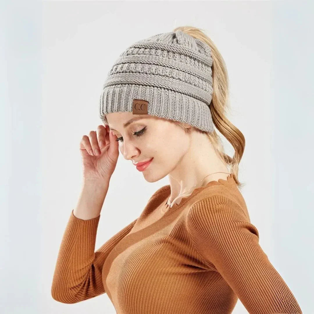Warm Cozy Women's Ponytail Beanie - Ribbed Knit, Winter Whisper - Tophatter Daily Deals