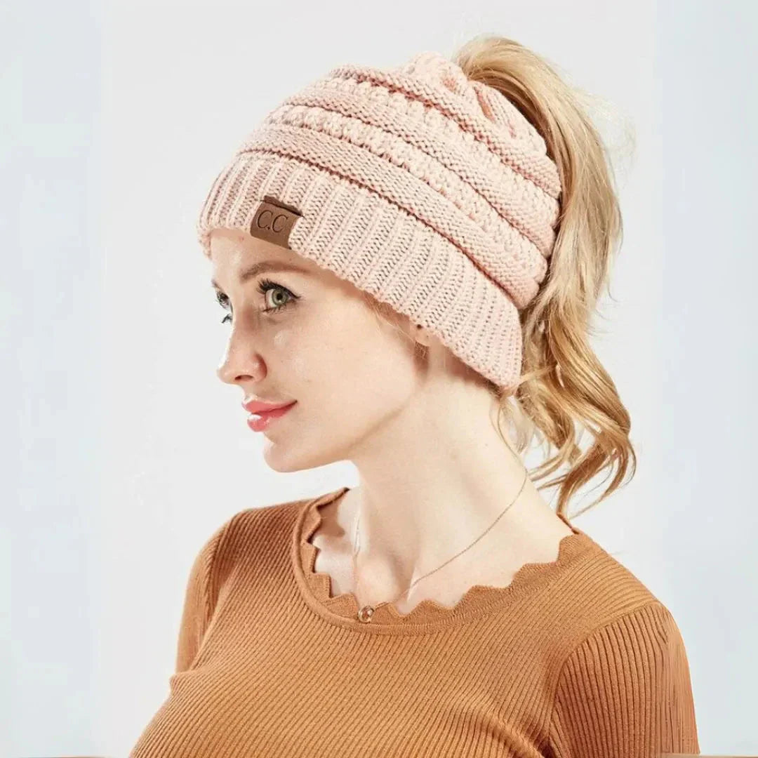 Warm Cozy Women's Ponytail Beanie - Ribbed Knit, Winter Rose Blush - Tophatter Daily Deals