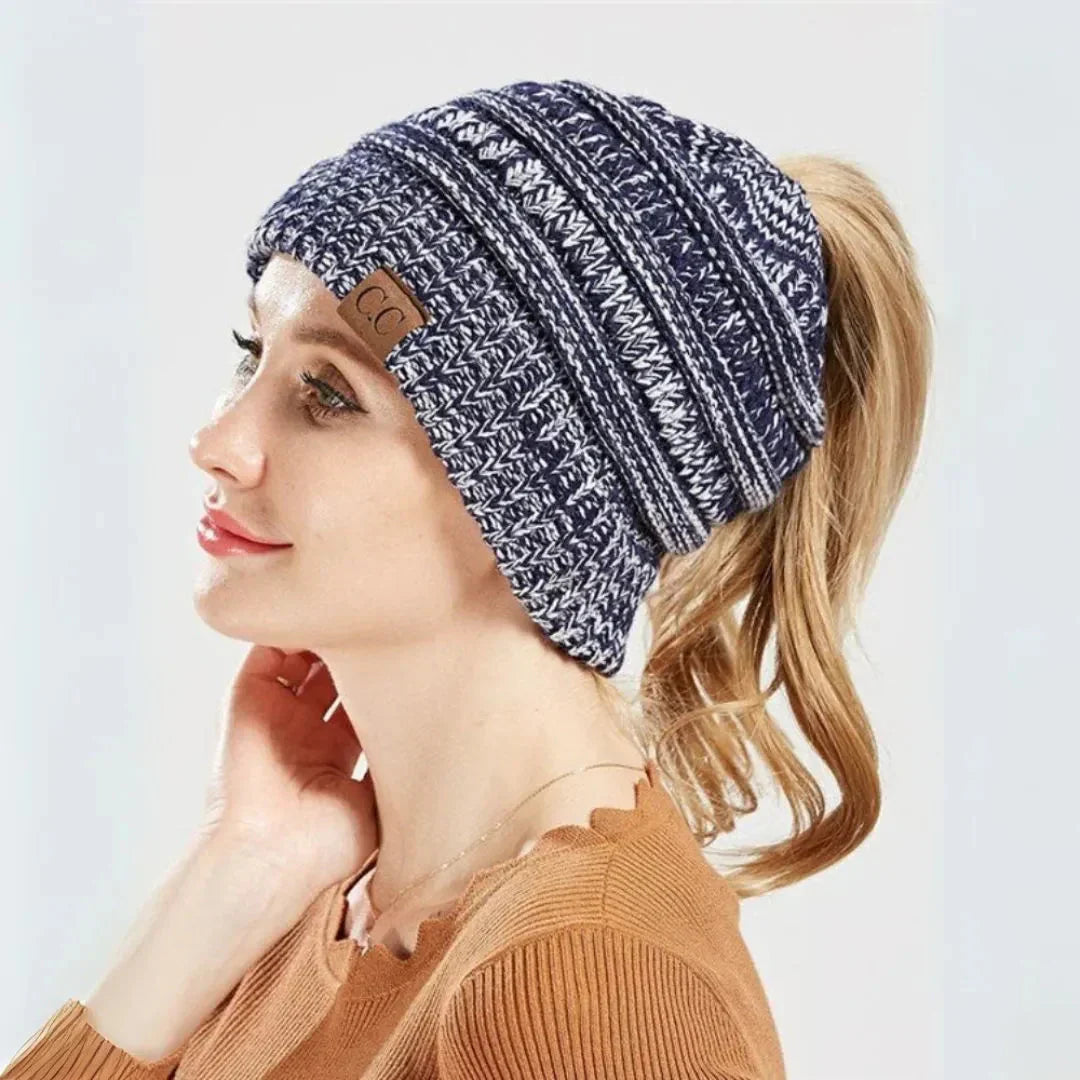 Warm Cozy Women's Ponytail Beanie - Ribbed Knit, Winter - Tophatter Daily Deals