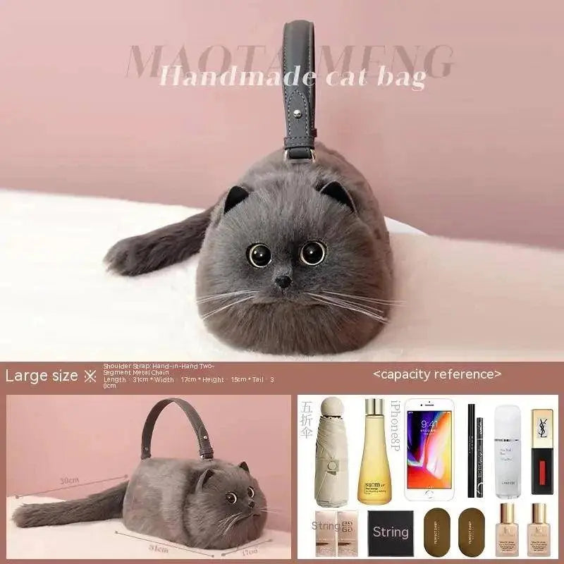 One Shoulder Bag Female Design Small Man Messenger Bag Versatile Hand Made Autumn and Winter Plush Cute Cat Bag Gray Cat CHINA - Tophatter Daily Deals