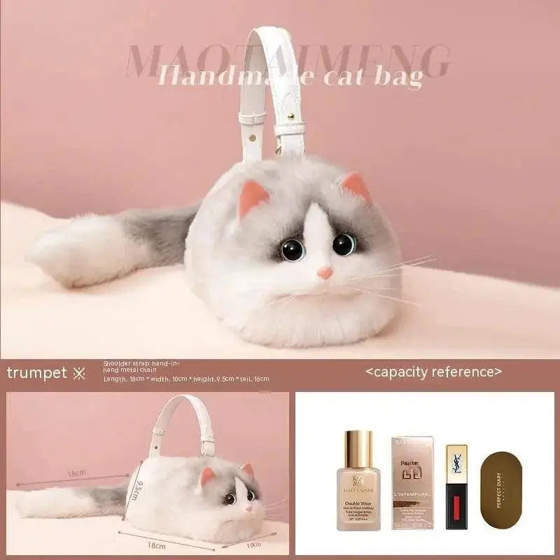 One Shoulder Bag Female Design Small Man Messenger Bag Versatile Hand Made Autumn and Winter Plush Cute Cat Bag White-gray gradient CHINA - Tophatter Daily Deals