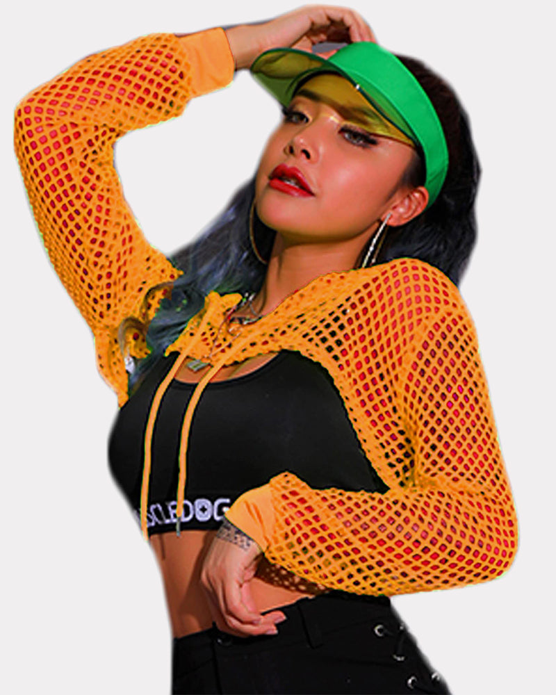 Mesh Hoodie Crop Top Fishnet Shirt (DE Only) Orange Lingeries-Crop tops - Tophatter Daily Deals