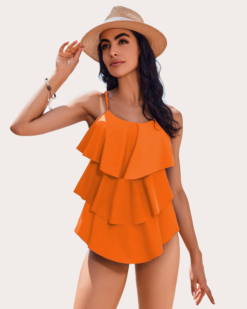 V-Neck Ruffle Layered Two Piece Swimsuits Orange Swimsuits - Tophatter Daily Deals