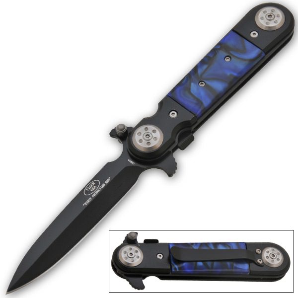 5 Inch Closed Midnight Blue Stiletto Style Spring Assisted Knife Collectible Weapons - Tophatter Daily Deals