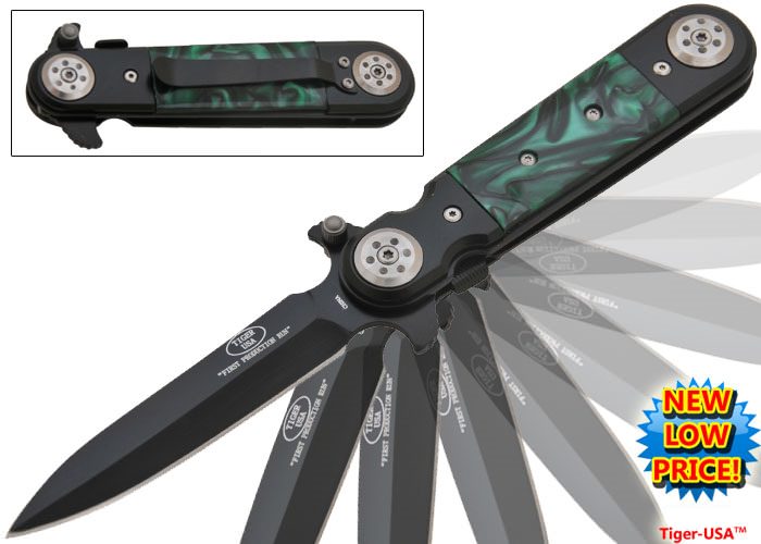 Green Marble Spear Tip Blade Stiletto Style Spring Assist Knife - Tophatter's Guns'N'Weapons Store Collectible Weapons - Tophatter Daily Deals