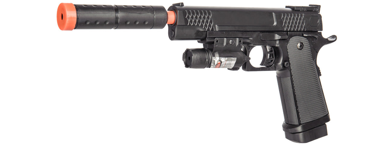 P2002C Spring Pistol Airsoft Gun With Laser & Mock Suppressor - TOPHATTER'S ARMORY DEALS Collectible Weapons - Tophatter Daily Deals