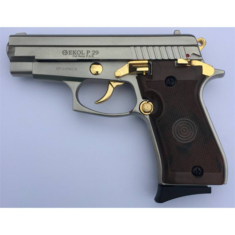 P29 Semi Automatic Blank Firing Pistol Satin With Gold Fittings Collectible Weapons - Tophatter Daily Deals